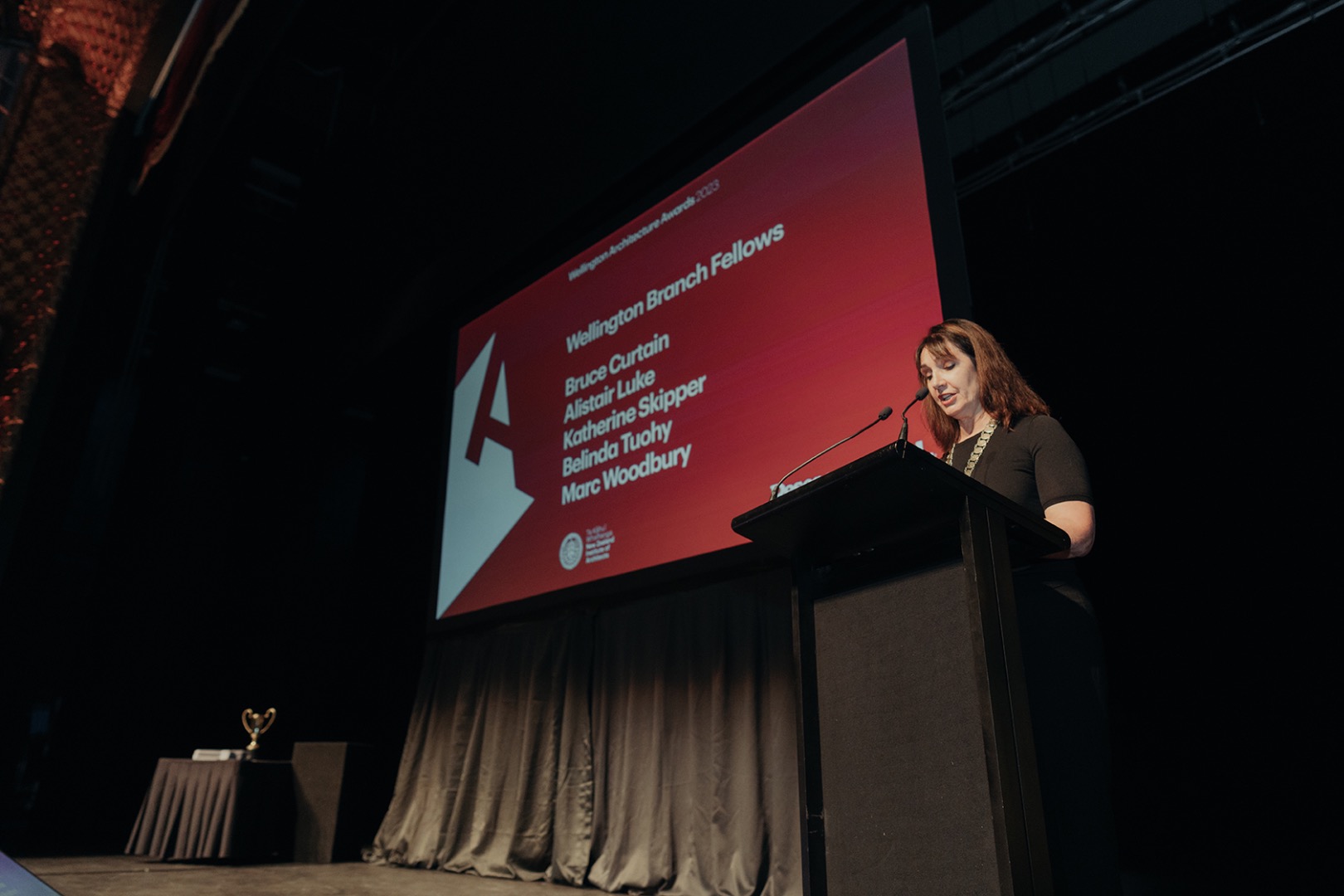 NZIA President Judith Taylor presents at the 2023 Te Kāhui Whaihanga NZIA Wellington Awards. Photo: Humaidi Ridwan