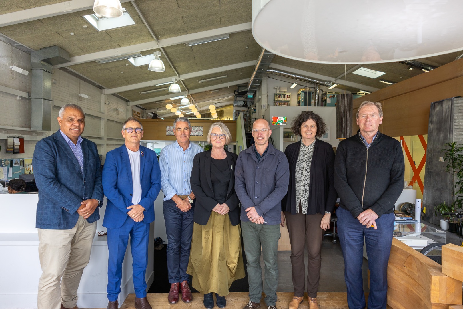 Studio Pacific's Board of Directors. Left to right: Leo Foliaki (Incoming Independent Director), Nick Barratt-Boyes (Managing Director and Founder), Stephen McDougall (Founding Director), Dr Helen Anderson (Chair), James Wallace (Executive Director), Linda Meade (Departing Independent Director), and Evžen Novák (Founding Director).